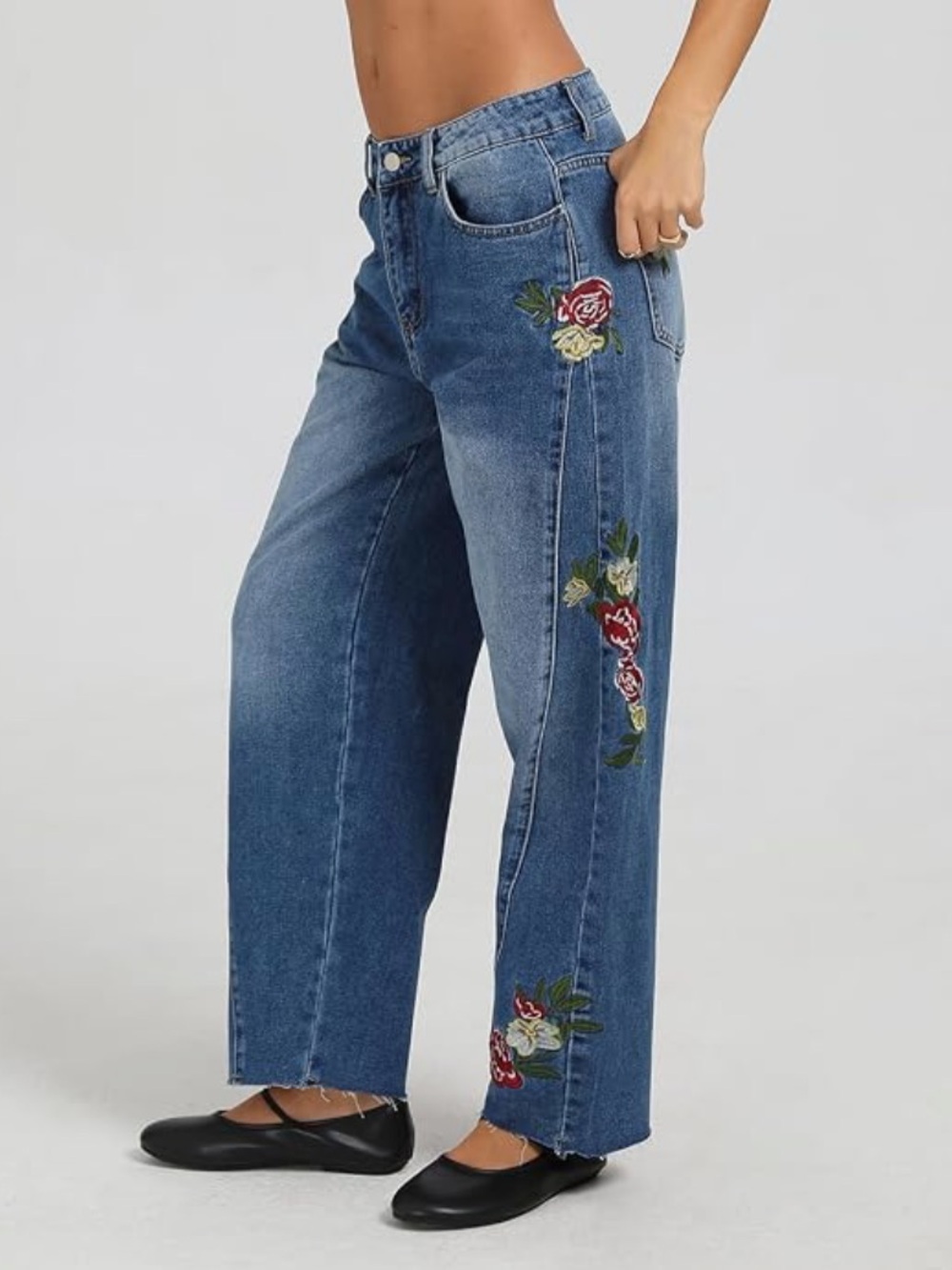 Embroidered Wide-Leg Blue Jeans - Picture 1 of 2